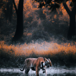 stunning image of a tiger in a jungle near a lake during the golden hour.